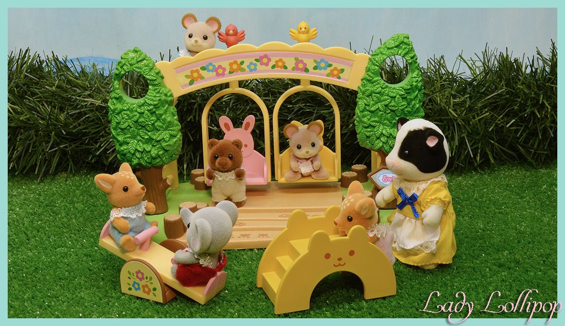 Sylvanian Families Nursery Playground swing with Sylvanian babies playing