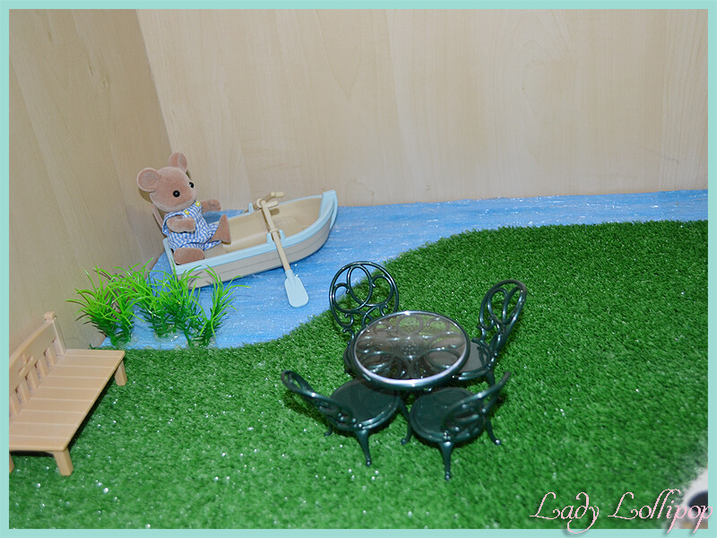 Sylvanian Families mouse father testing out the diy diorama river